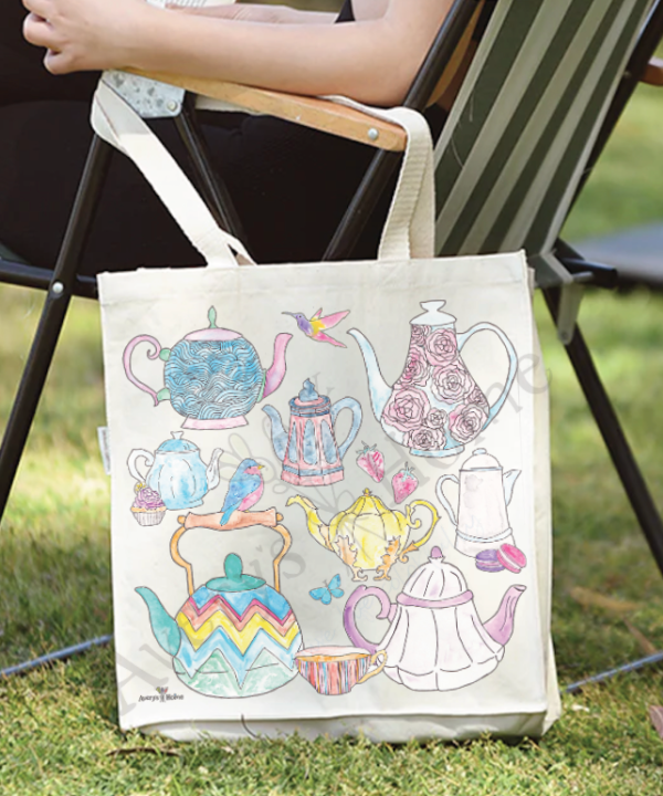 Tea Pots & Birds Eco Friendly Organic Cotton Large Tote Bag Free Shipping With Paypal