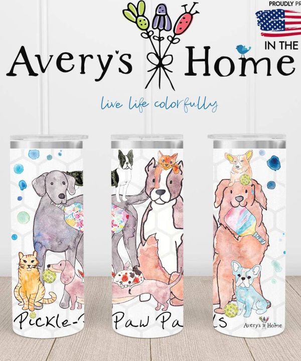Pickleball Pals Dogs & Cats Artwork 20 oz USA Skinny Tumbler Shop Offer Cheap Pice