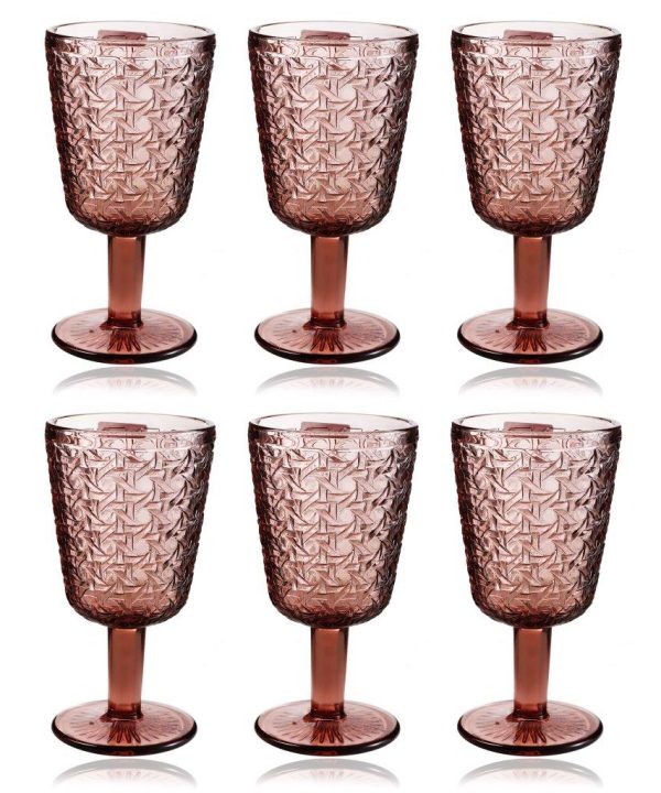 Multipurpose Engraved Chevron Pink Rose Footed Glass Tumblers Set of 6 Pcs 350 ml Buy Cheap New