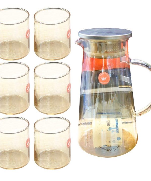 Premium Glass Beverage Jug Water Jug and Cup Set of 6 Pcs Clearance Best Seller
