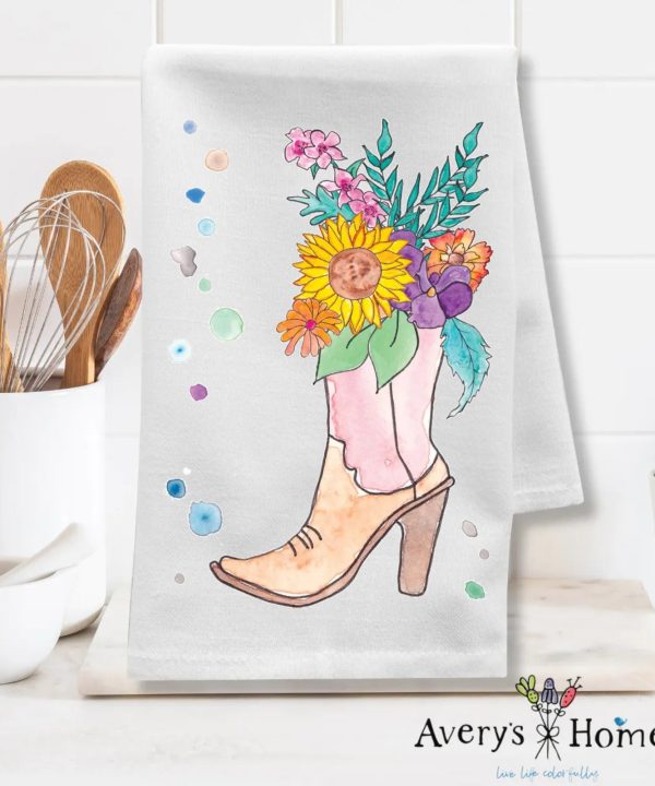 Red Cowgirl Boots & Flowers Customizable Flour Sack Dish Towel On Hot Sale