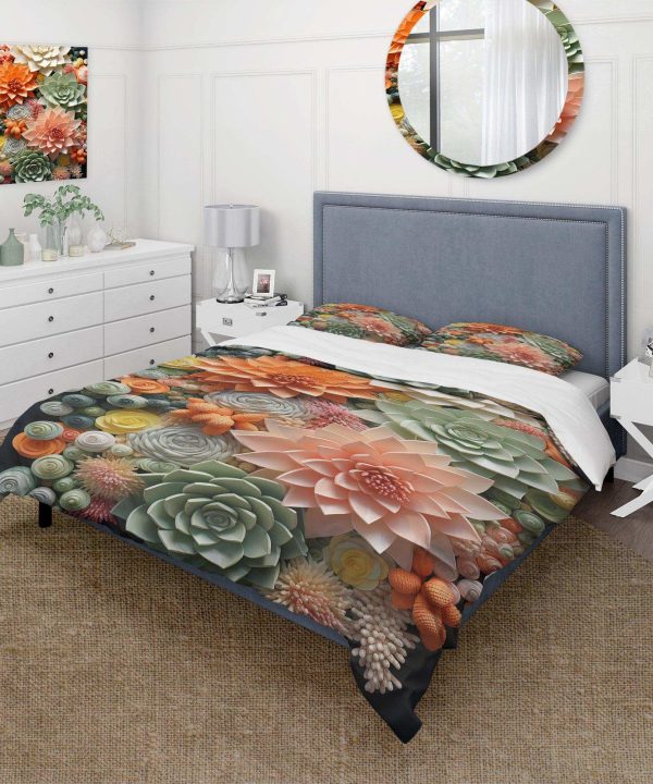 Orange Pink Succulents Flowers III - Duvet Cover Set Outlet 2025 New