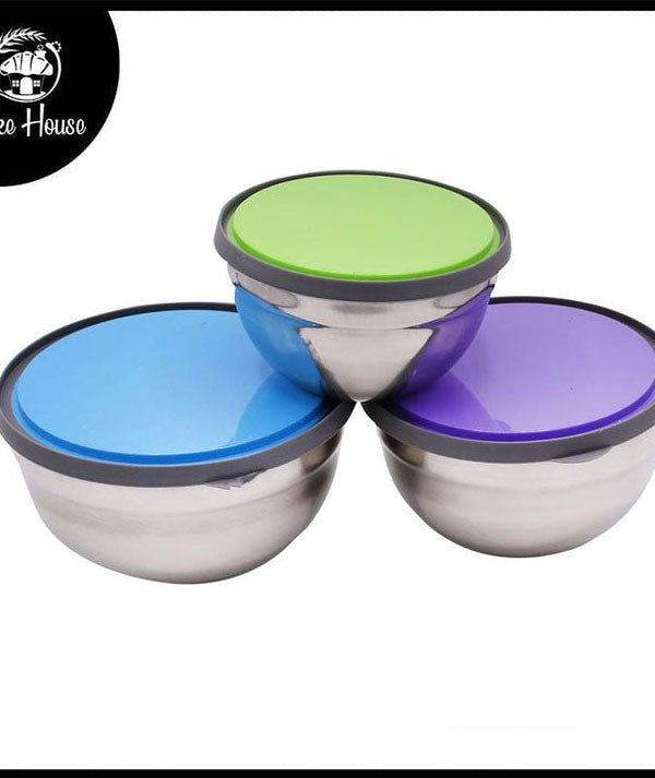 Bowl 3Pcs Set Stainless Steel 14, 16 & 18 cm with Colorful Lids Cheap Comfortable