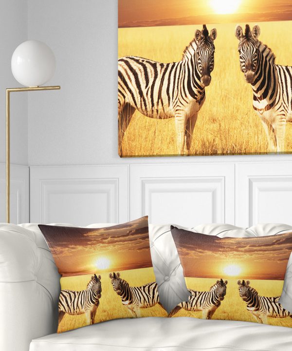 Pair of Zebras in Field At Sunset - African Throw Pillow Buy Cheap Cost