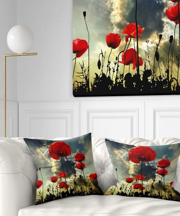 Poppies on Thunderstorm Background - Floral Throw Pillow Outlet Collections