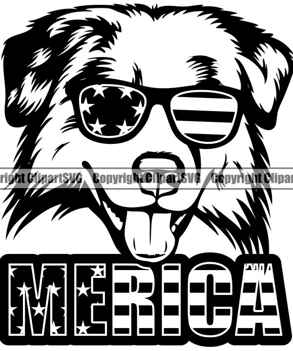Wearing Sunglasses Merica Australian Shepherd Dog Animal Portrait Doggy Face Cute Clipart SVG With Paypal Free Shipping