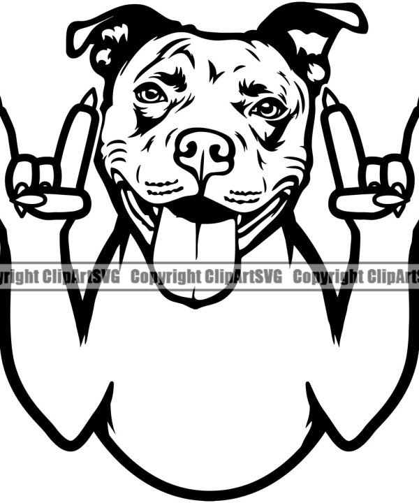 Pit Bull Dog Design Rock And Roll Hand Sign Smile Face Puppy Pup Head Purebred Pedigree Canine K-9 K9 Animal Portrait Doggy Vector Clipart SVG Official Sale Online