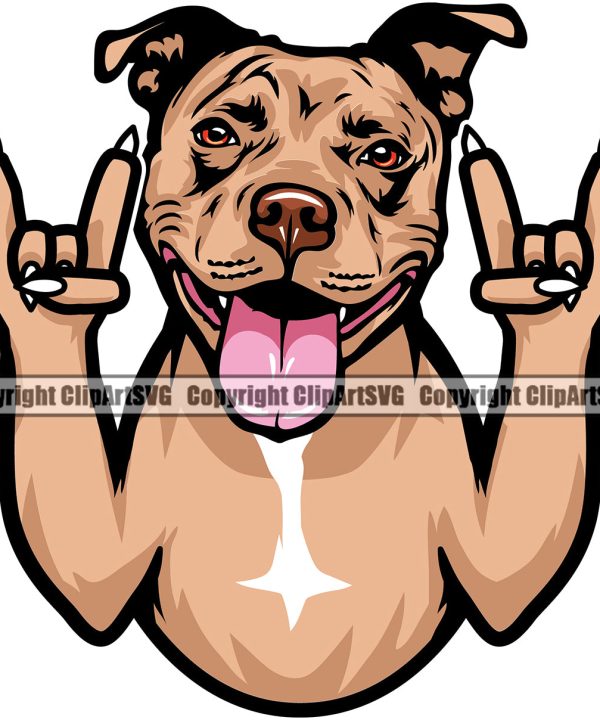 Pit Bull Dog Rock And Roll Hand Sign Design Element Color Puppy Pup Head Purebred Pedigree Canine K-9 K9 Animal Portrait Doggy Face Cute Vector Clipart SVG New For Sale