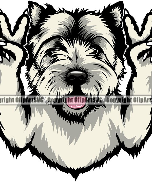 West Highland White Terrier Dog Peace Hand Sign Color Design Element Puppy Pup Head Purebred Pedigree Canine K-9 K9 Animal Portrait Doggy Smile Face Cute Body Vector Clipart SVG Shipping Outlet Store Online
