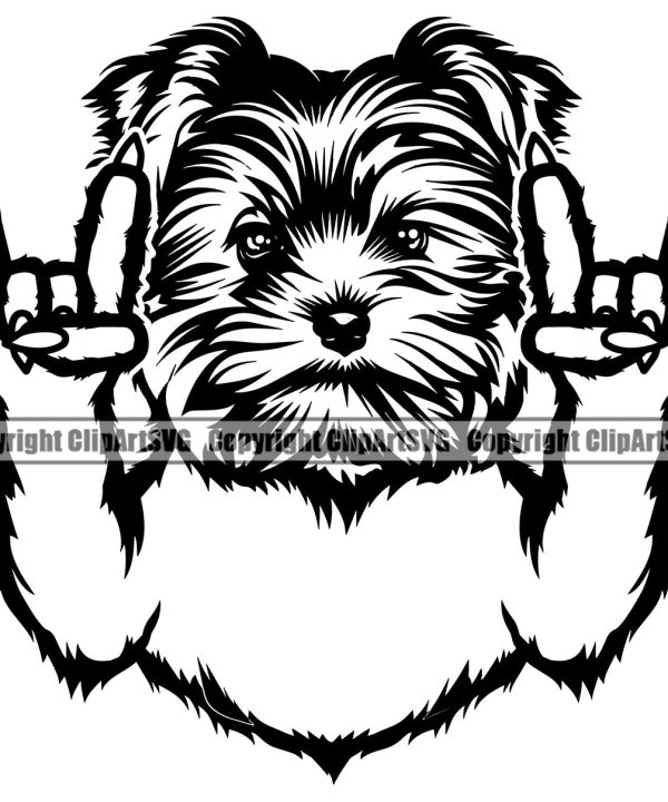 Yorkie Dog Rock And Roll Hand Sign Design Element Puppy Pup Head Purebred Pedigree Canine K-9 K9 Animal Portrait Doggy Smile Face Cute Body Vector Clipart SVG Cheap With Credit Card