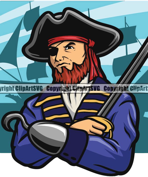 Pirate Wearing Hat And Holding Knife Color Design Element Sports Mascot Sea Ship Ocean Sail Boat Flag Island Skull Captain Treasure Sailor Piracy Buccaneer Thief Art Logo Clipart SVG Clearance 2025 Unisex