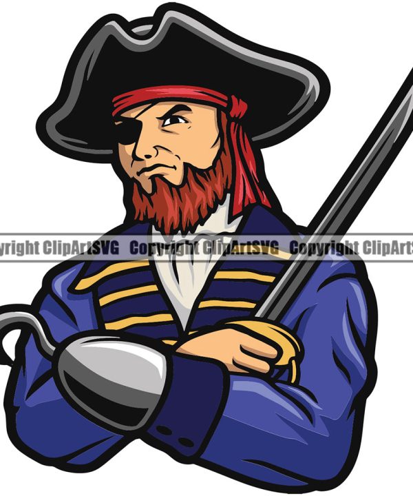 Pirate Sports Mascot Sea Ship Ocean Color Design Element Holding Knife And Wearing Hat White Background Sail Boat Flag Island Skull Captain Treasure Sailor Piracy Buccaneer Thief Art Logo Clipart SVG 2025 New Cheap Pice