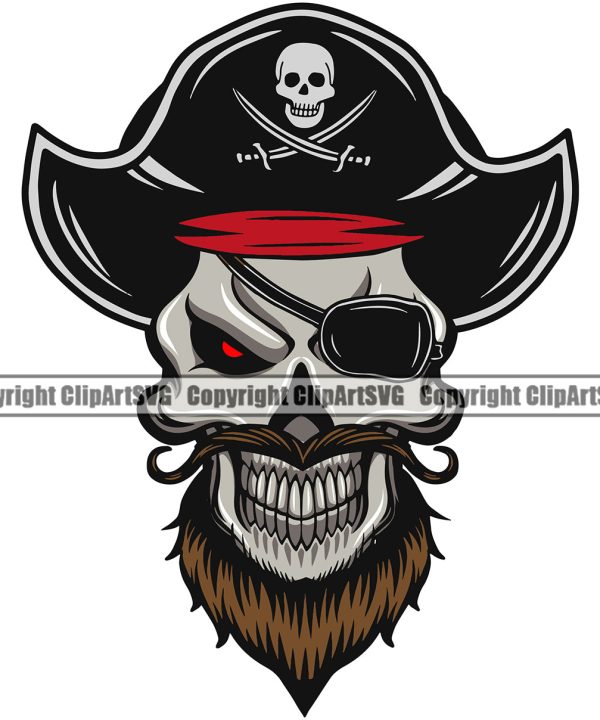 Pirate Skull Skeleton Head Smile Face Red Eyes Design Element Sports Mascot Sea Ship Ocean Sail Boat Flag Island Skull Captain Treasure Sailor Piracy Buccaneer Thief Art Logo Clipart SVG Real For Sale