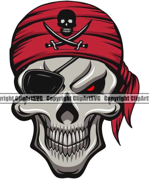 Pirate Skull Skeleton Head Red Eyes Design Element White Background Wearing Hair Band Vector Sports Mascot Sea Ship Ocean Sail Boat Flag Island Skull Captain Treasure Sailor Piracy Buccaneer Thief Art Outlet For Nice