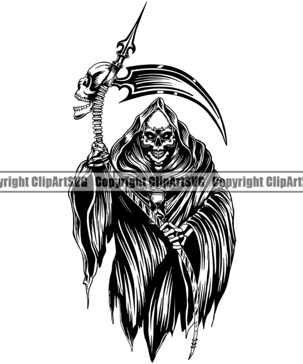 Black And White Grim Reaper Holding Skull Skeleton Death Horror Dead Evil Dark Spooky Fear Skull Scary Ghost Scythe Sickle Cemetery Gothic Hell Demon Creepy Clipart SVG Buy Cheap Footlocker Finishline