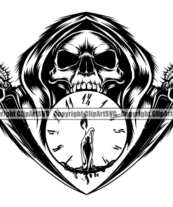 Black And White Grim Reaper Clock Candle Vector Design Element BW Color Skull Skeleton Death Horror Dead Evil Dark Spooky Fear Skull Scary Ghost Scythe Sickle Cemetery Gothic Hell Demon Creepy Clipart Outlet Ebay