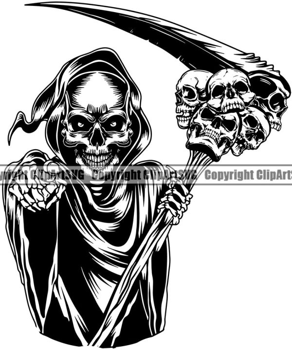 Black And White Holding Grim Reaper Skull Skeleton Head Design Element Artwork Death Horror Dead Evil Dark Spooky Fear Skull Scary Ghost Scythe Sickle Cemetery Gothic Hell Demon Creepy Clipart SVG Cheap Low Shipping