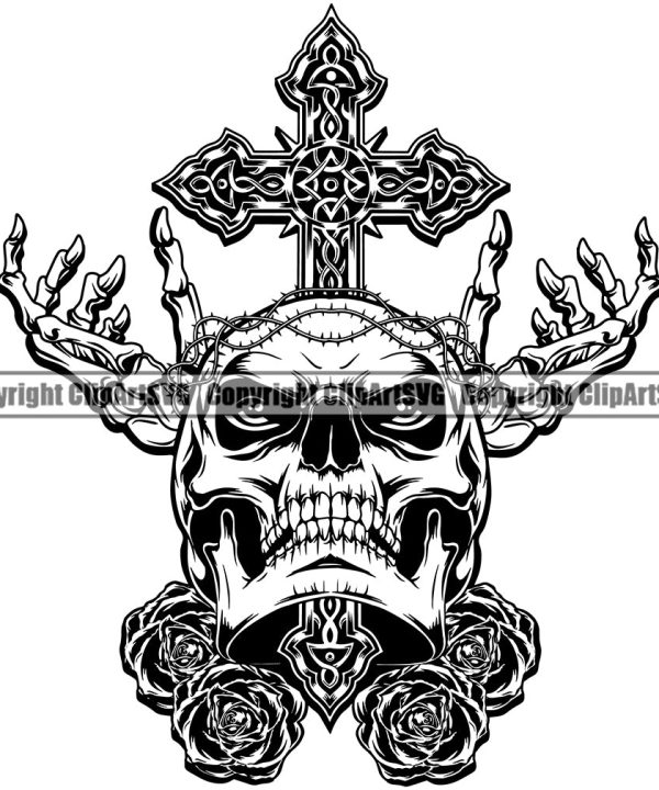 Black And White Angry Face Skull Skeleton Head Artwork Cross Crucify Skeleton Hands Roses Design Element Vector Death Head Skeleton Dead Face Horror Human Bone Evil Tattoo Grunge Scary Gothic Art Logo Latest Collections