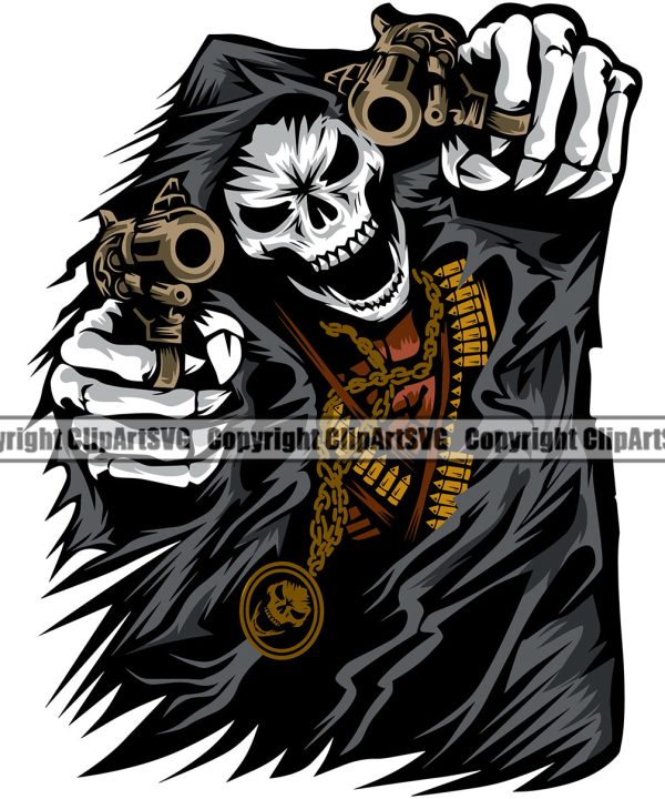Black And White Angry Face Skull Skeleton Holding Double Piston Vector Grim Reaper Design Element Skeleton Death Horror Dead Evil Dark Spooky Fear Skull Scary Ghost Scythe Sickle Cemetery Gothic Hell Visit New