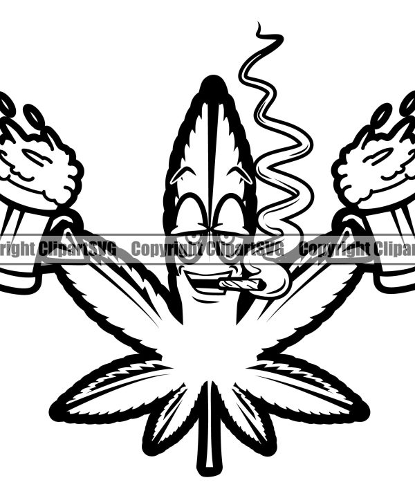 Black And White Marijuana Leaf Cartoon Character Holding Bear Mug And Smoking BW Legalize Pot Organic Leaf Medical Medicine Health Herb Plant Cannabis Hemp Drug Grass Weed THC Legal Art Logo Clipart S Outlet Original