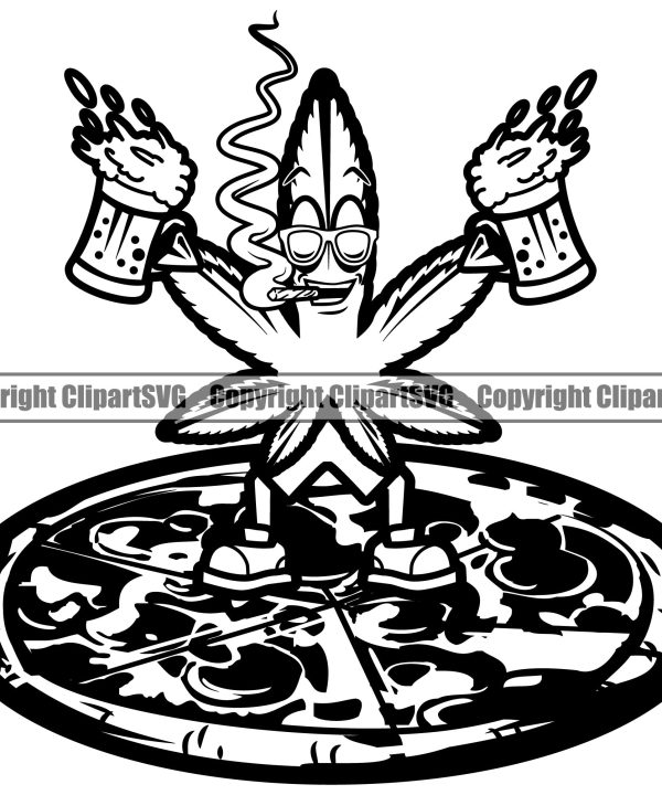 Black And White Marijuana Character Standing On Pizza And Holding Bear Mug Design Element Legalize Pot Organic Leaf Medical Medicine Health Herb Plant Cannabis Hemp Drug Grass Weed THC Legal Art Logo Cheap Eastbay
