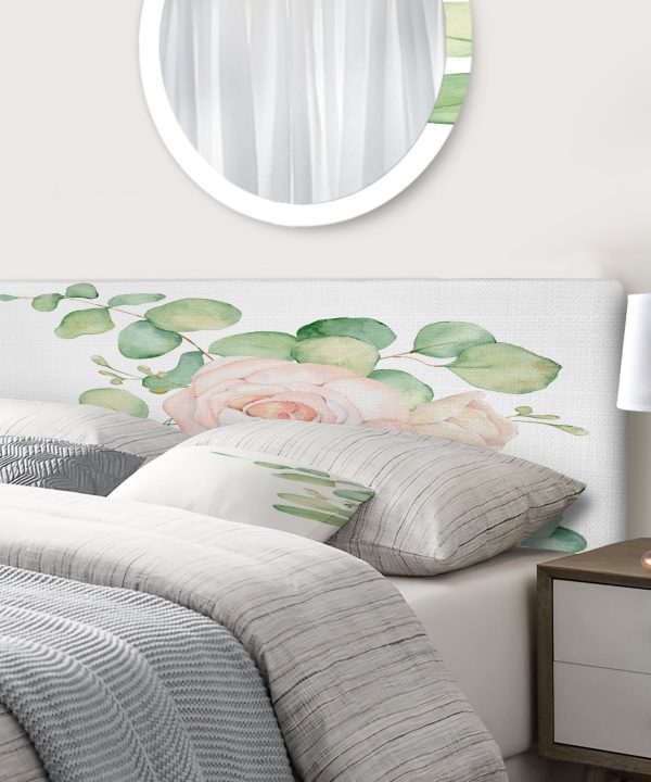 Pink Roses Flowers and Eucalyptus Leaves Bouquet upholstered headboard Sale Release Dates