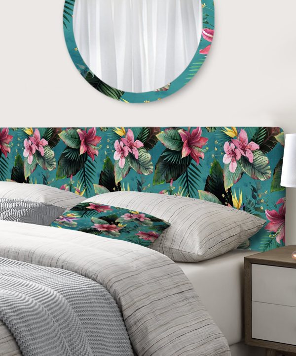 Pink Tropical Flowers On Teal upholstered headboard Wide Range Of Sale Online