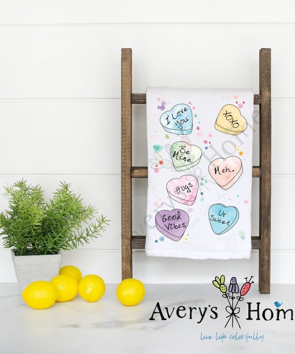 Valentine's Conversation Hearts Flour Sack Dish Towel Sale Supply