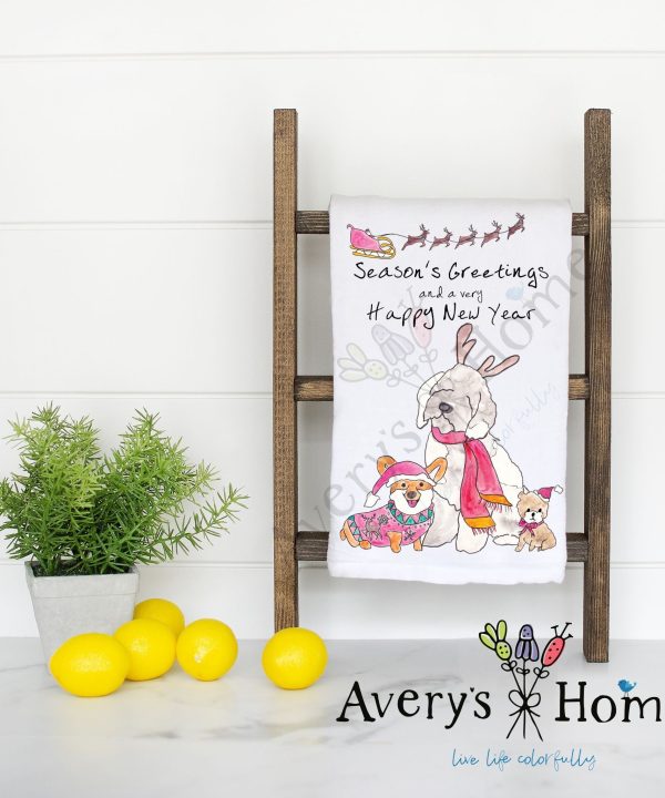 Season's Greetings & Happy New Year Dog Flour Sack Dish Towel Find Great Online