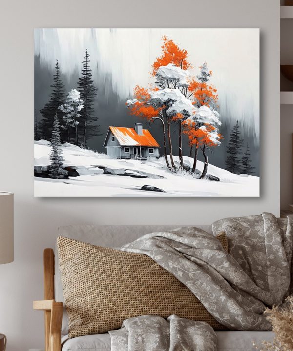 Monochrome Orange Cottage In Winter IV Free Shipping Low Pice Fee Shipping
