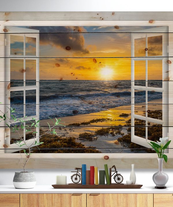 Open Window to Bright Yellow Sunset - Modern Seascape Print on Natural Pine Wood - 20x15 Get Authentic Cheap Online