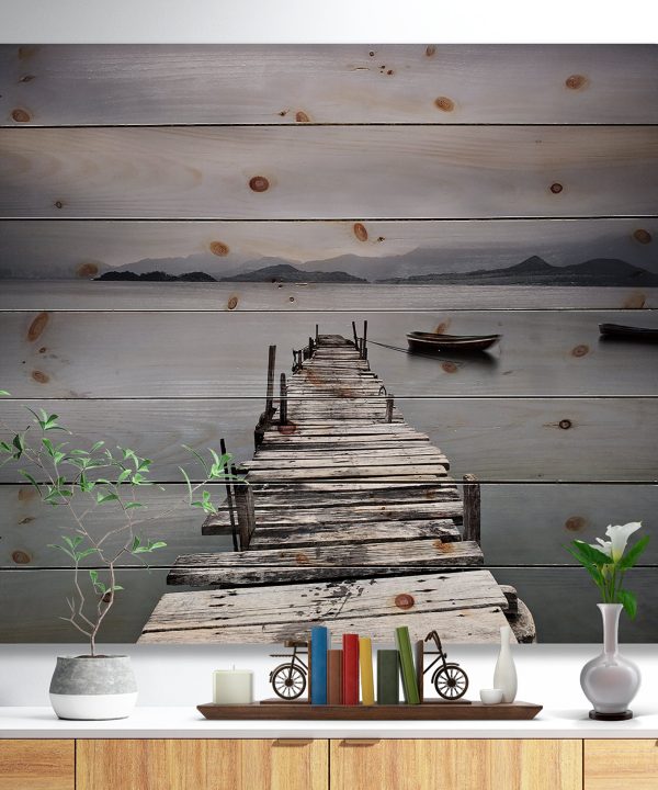 Pier and Boats at Seashore - Bridge Print on Natural Pine Wood - 20x15 Buy Online