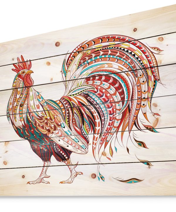 Patterned rooster Symbol of chinese new year - Farmhouse Animals of Painting Print on Natural Pine Wood - 20x15 Outlet Websites