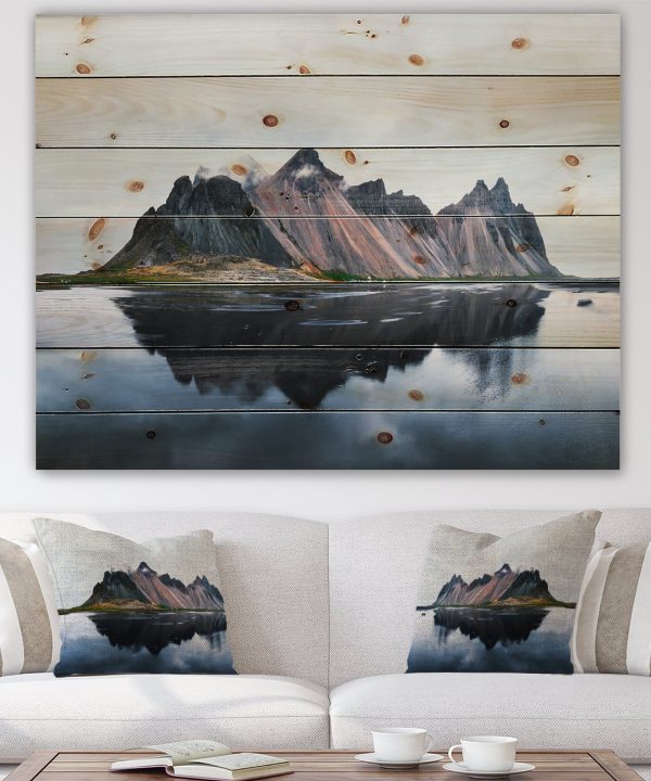 MountaIn Cliffs Reflected on Lake - Traditional Print on Natural Pine Wood Cheapest Pice