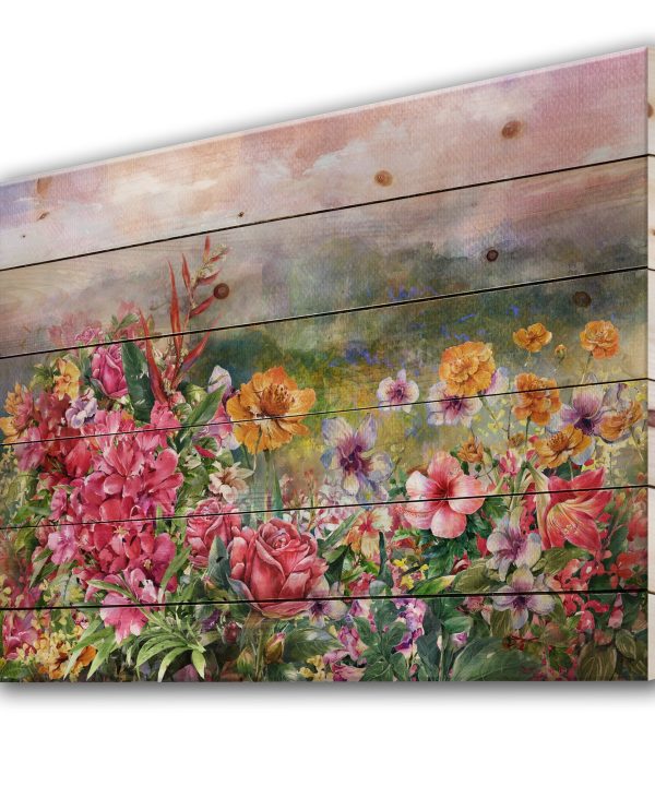 Multicolored Spring Flowers With Misty Background - Farmhouse Print on Natural Pine Wood Sale Visa Payment