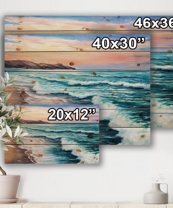 Pastel Purple Sunset Over Incoming Ocean II - Nautical & Coastal Print on Natural Pine Wood Get Authentic Sale Online