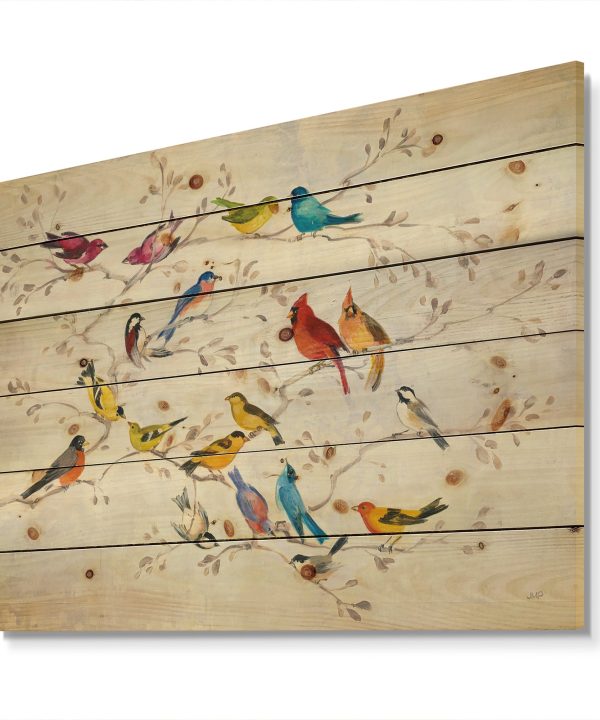 Multi-Color Bird on Tree - Modern Farmhouse Print on Natural Pine Wood - 20x15 Sale Footlocker Finishline