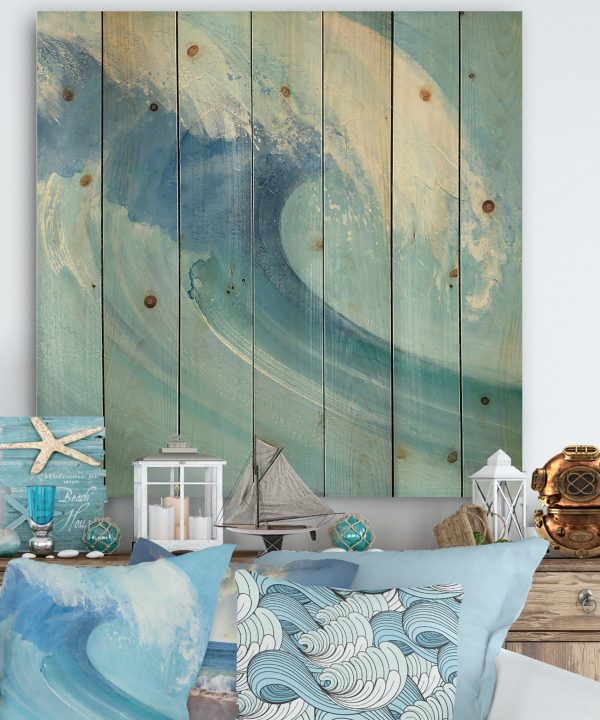 Ocean Wave Handpainted with White Foam - Nautical & Coastal Print on Natural Pine Wood - 16x16 Free Shipping Outlet Locations
