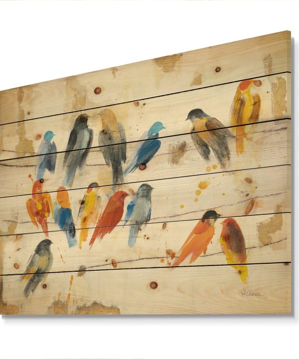 Multicolor Bird Meeting - Traditional Animal Print on Natural Pine Wood - 20x15 Clearance Low Pice Fee Shipping
