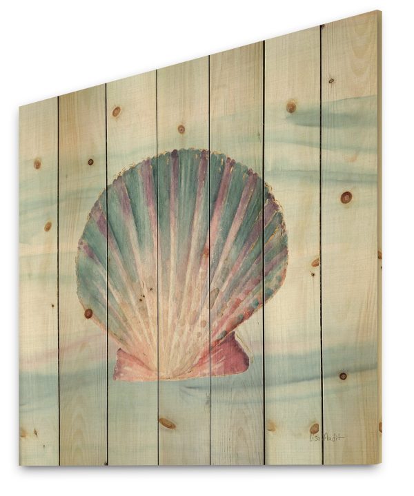 Ocean Shell on Blue - Nautical & Coastal Print on Natural Pine Wood - 16x16 Outlet The Cheapest