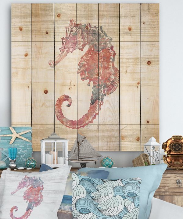 Pink seahorses Ocean Life - Nautical & Coastal Print on Natural Pine Wood - 16x16 Finishline Sale Online