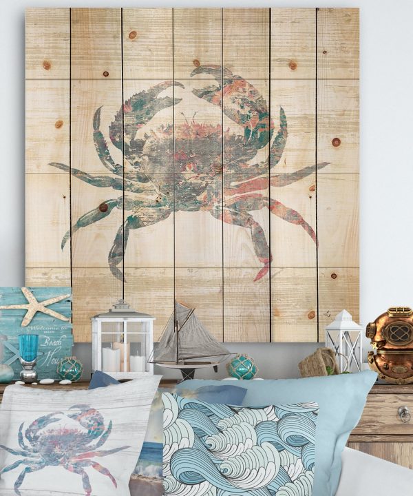 Pink Crab Ocean Life - Nautical & Coastal Print on Natural Pine Wood - 16x16 Clearance Fake