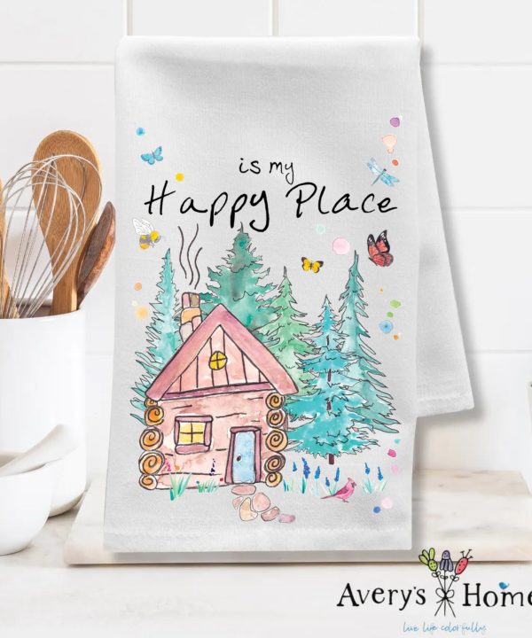 The Cabin is My Happy Place Customizable Flour Sack Dish Towel Newest For Sale