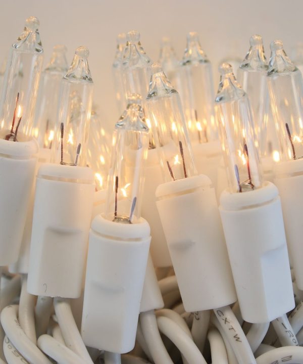 100-bulb Clear Mini Lights, 4" Spacing, White Wire Big Discount For Sale