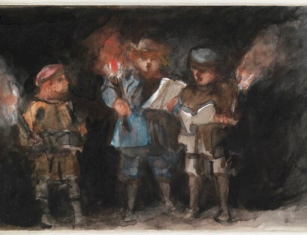 Three unknown children, probably carolers Portrait Print Buy Cheap Cheapest