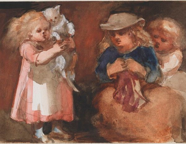 Three unknown children and a cat Portrait Print Cheap Sale Inexpensive