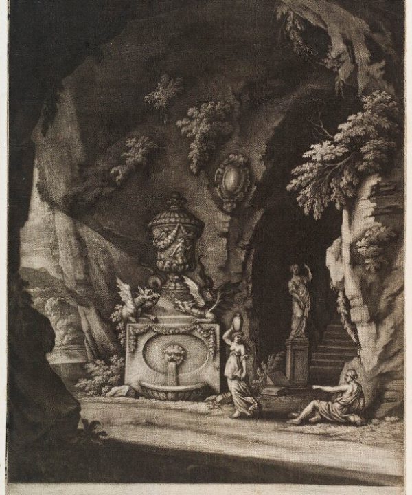 Cave with a fountain and two classical figures Portrait Print For Sale Cheap Online