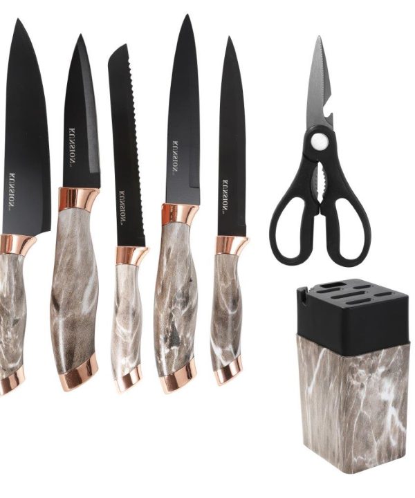 Premium Quality Stainless Steel Chef Kitchen Knife Set of 7 Pcs With Knife Stand Beige Marble Coating 33 cm Cheap Sale Buy