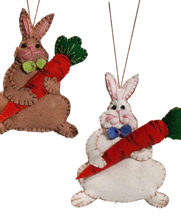 White & Brown Rabbits Holding Carrot Ornaments Set/2 Cheap Sale Low Pice