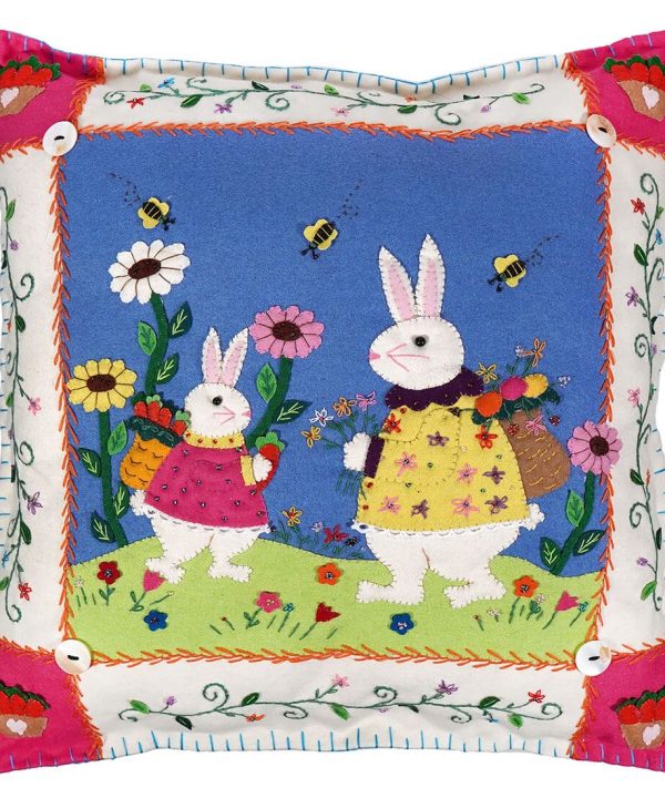 White-Edged Blue Pillow With Rabbits Sale Deals